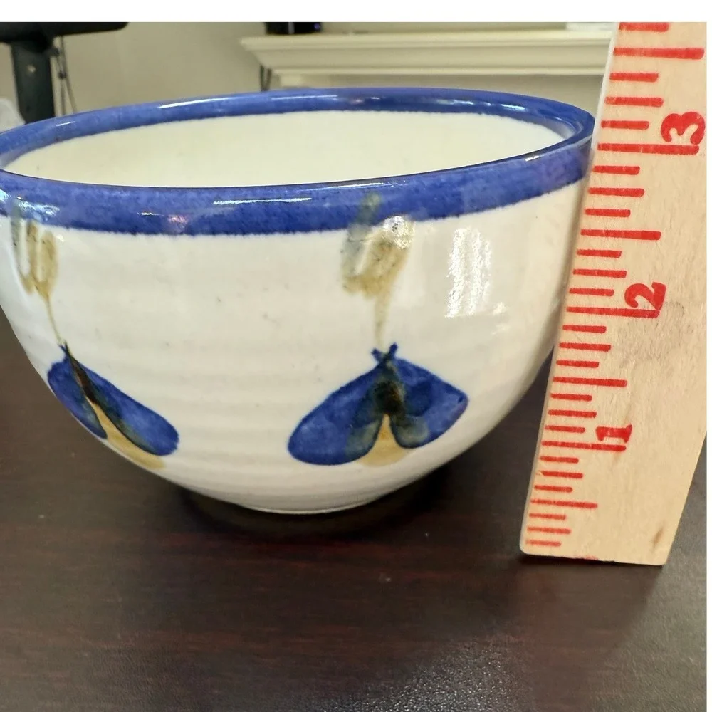 Hand Painted Studio Pottery Speckled Ceramic Bowl Blue‎ White Butterfly Motif
